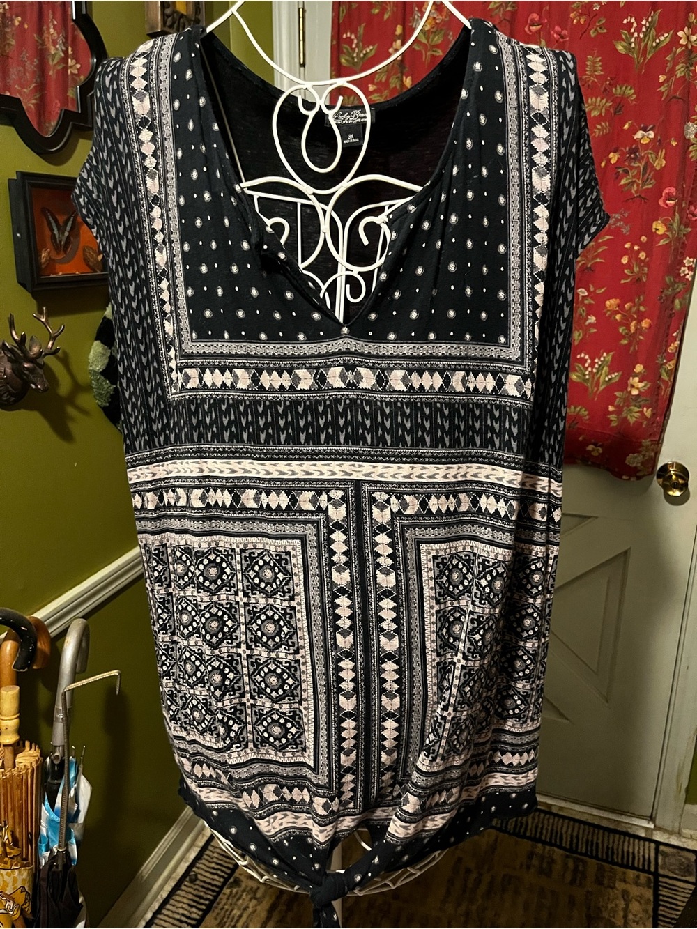 Lucky Brand Black Ivory Patterned Short Sleeve Tie-Front Knit Top 3X